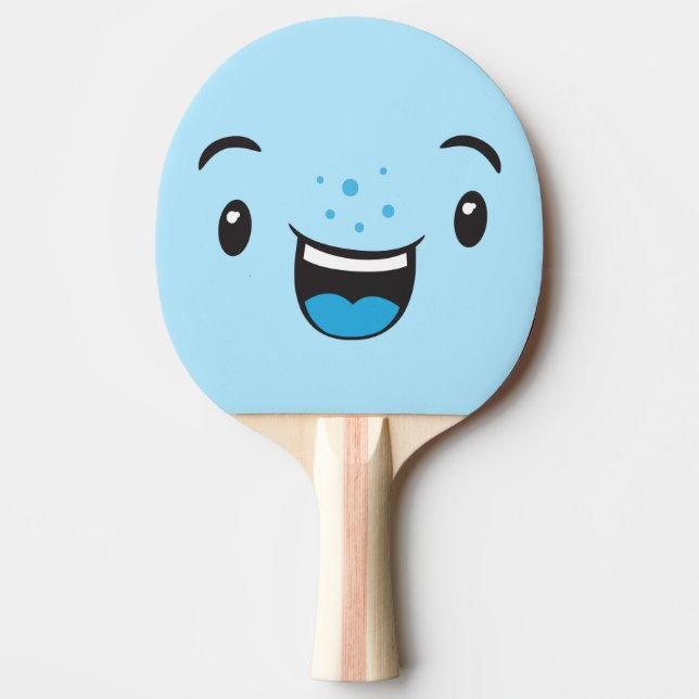 Raquete De Tênis De Mesa Kawaii Face Ping Pong Paddle Azul Sorria (Frente)