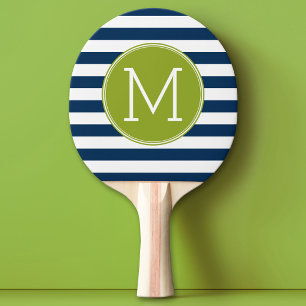 Raquete De Tênis De Mesa Monograma verde de padrão riscado branco e marinh