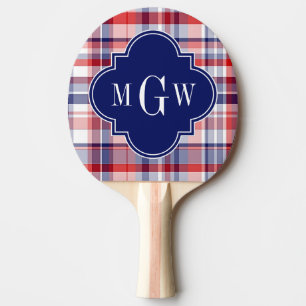 Raquete De Tênis De Mesa Red White Blue Preppy Madras Monograma