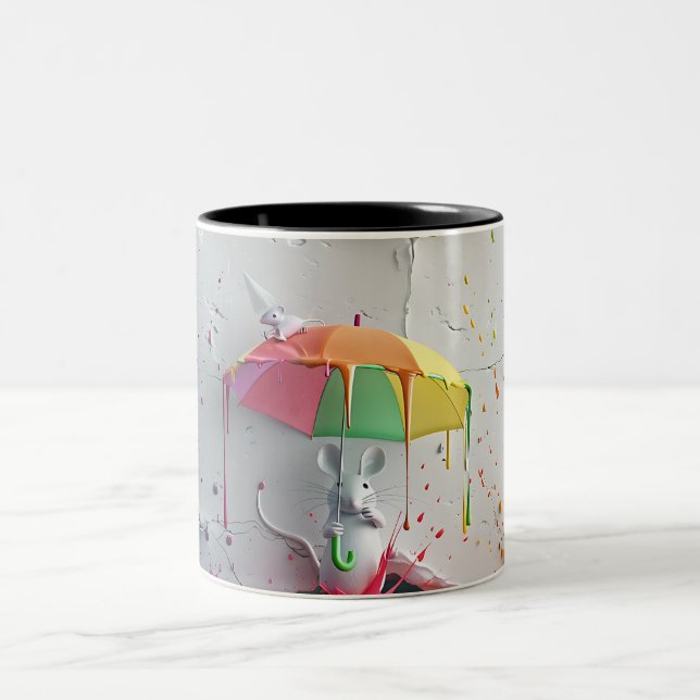 Rato Colorido com Guarda-chuvas - Caneca 3D (Centro)