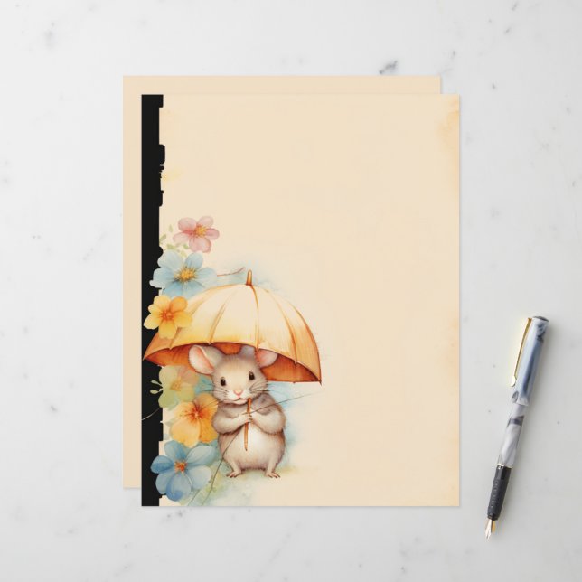 Rato com guarda-chuva amarelo flor laranja azul ro (Frente/Verso In Situ)