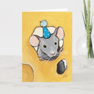 Rato com um Chapéu de Festa Azul - Cartão de Arte