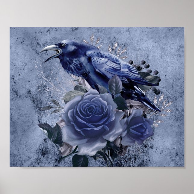 Raven Bird Blue Rosa Whimsical Decoupage Impressão (Frente)