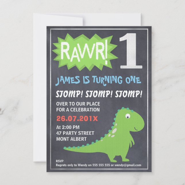 Rawr Dinosaur - Convite para primeiro aniversario  (Frente)