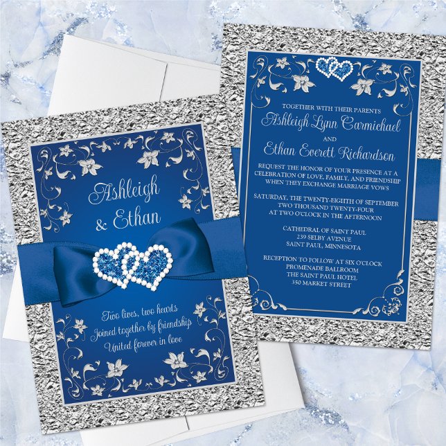 Real Azul, Cinza Amor Corações Convite De Casament (Romantic Royal Blue and Silver Grey Wedding Invitation with Ribbon, Bow, Joined Hearts (PRINTED ON).)