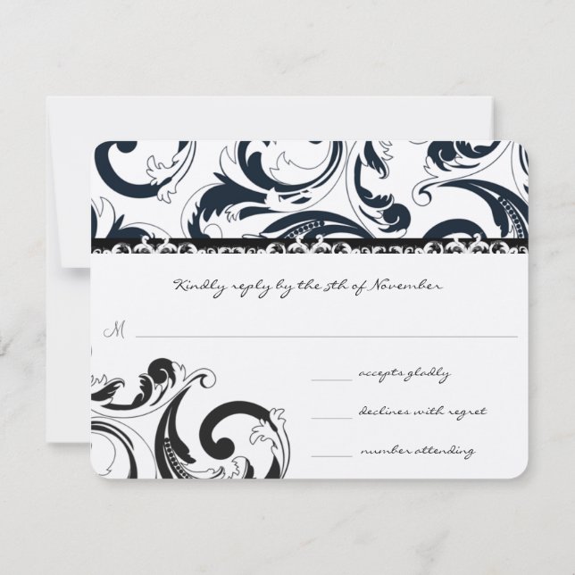 Real Black Swirls Wedding RSVP (Verso)