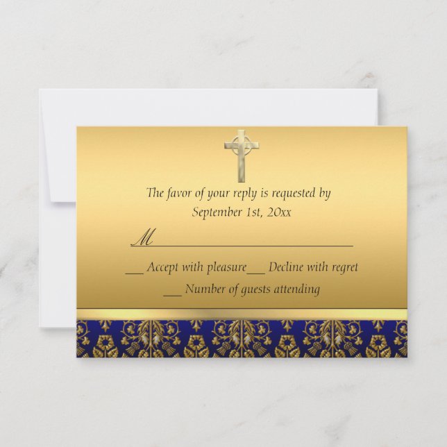 Real Blue & Dourado Damask Cross Baptism RSVP (Frente)