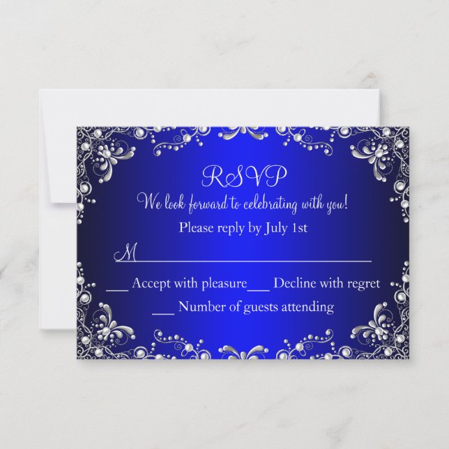 Real Blue Silver Pearl Damask Sweet 16 RSVP (Frente)