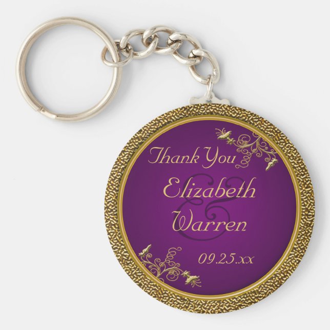 Real Roxo, Dourado Casamento Floral Favor Chaveiro (Frente)
