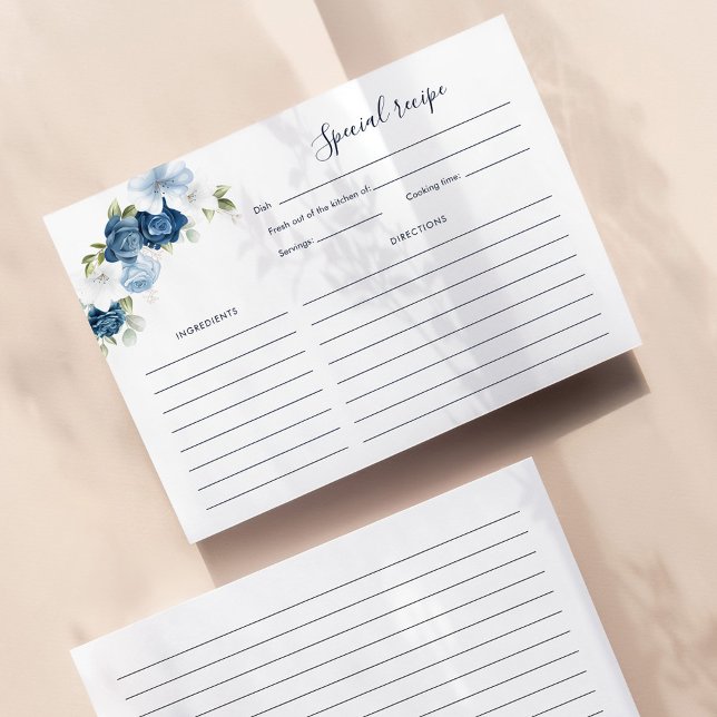Receita do Chá de panela Floral Azul bonito Dusty (Dusty Blue Floral Script Bridal Shower Recipe Card)