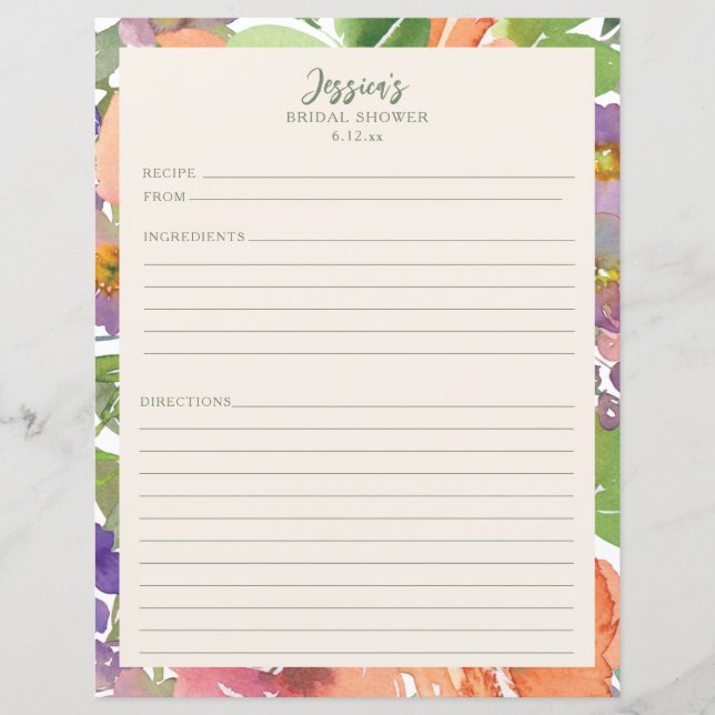 Receitas Florais Minimalistas em Aquarela para Chá (Frente)