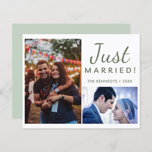 Recem casados 2 Anúncio de casamento verde com fot (Frente/Verso)