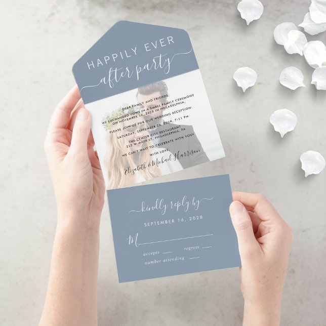 Recepção de casamento Azul Dusty com Fotografia do (An elegant Happily Ever After Party Invitation to set the tone for an unforgettable event)
