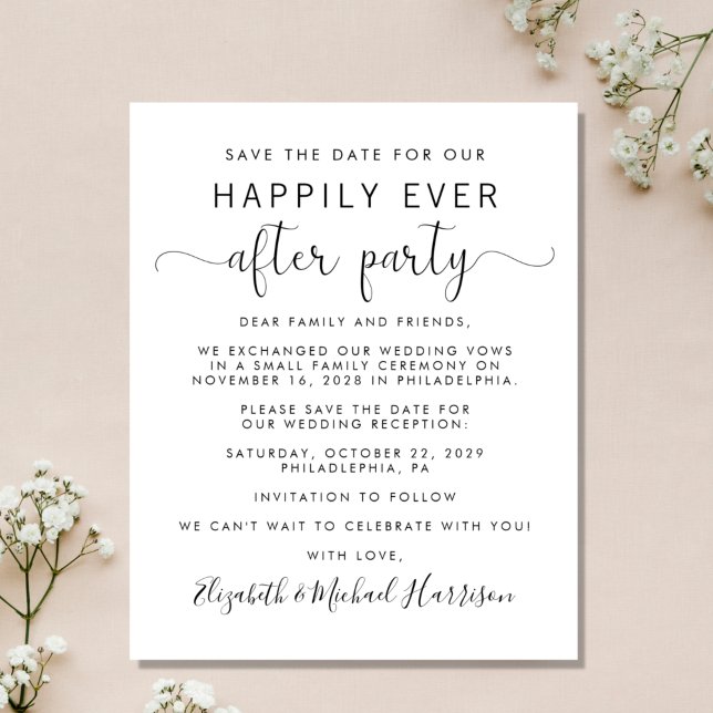 Recepção de casamento de Orçamento Salvar a Data (A stylish save the date announcement for a reception to celebrate your elopement or private wedding)