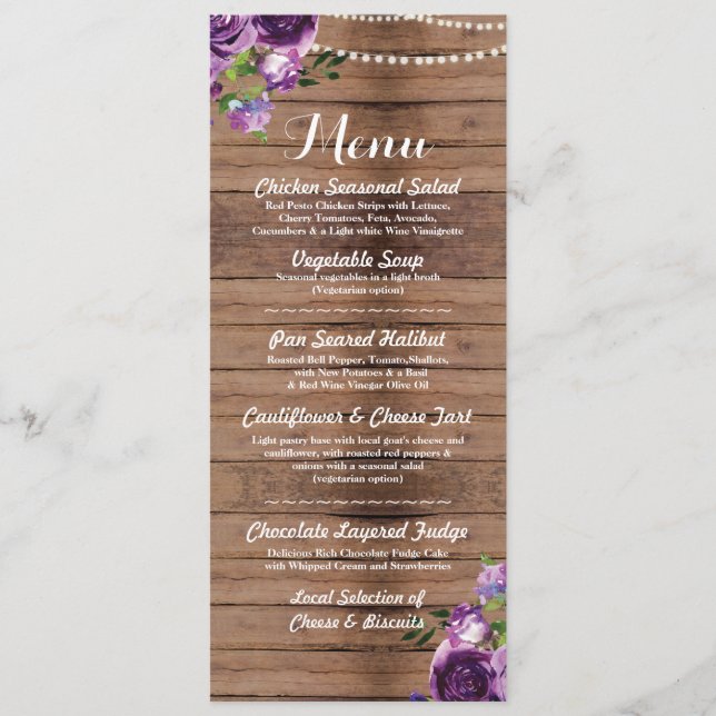 Recepção de Casamento Menu Roxo Flores de Madeira (Frente)