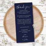 Recepção de casamento Obrigado Marinho Cartão Azul<br><div class="desc">Um elegante obrigado de celebração de casamento. Personalizado com seu obrigado especial,  você define a mensagem na tipografia do na moda. Um obrigado especial para os seus hóspedes. Projetado por Thisnotme©</div>