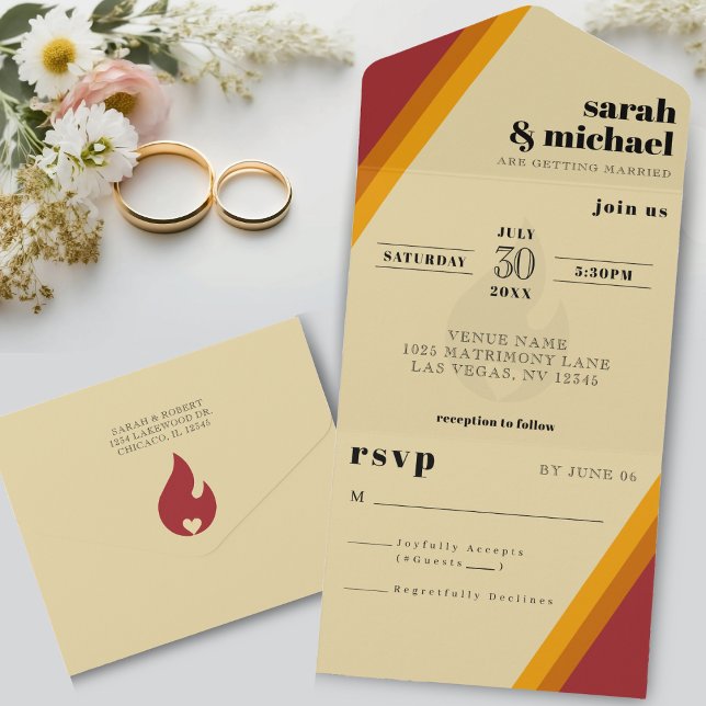 Recepção de casamento Retro Fire Heart Strike (Retro Fire Heart Striped Wedding Reception All In One Invitation
)