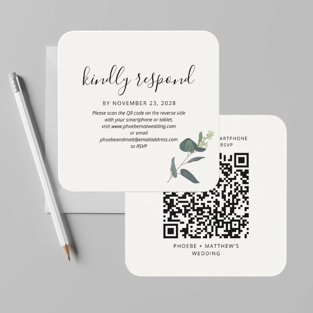 Receptáculo de Casamento RSVP de Código QR Moderno (Eucalyptus Green Leaves QR Code Wedding RSVP Code)