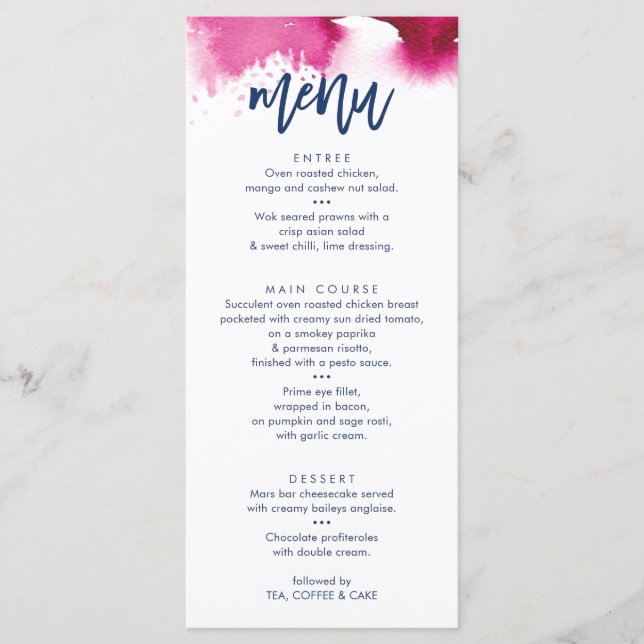 RECEPTION WEDDING MENU cute navy pink watercolor (Frente)