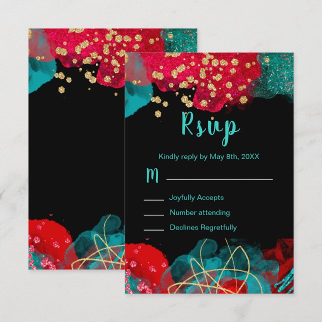 Red Alcohol Ink Sweet 16 Birthday Party RSVP (Frente/Verso)