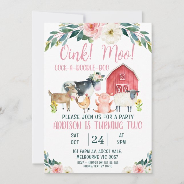 Red Barn Oink Moo Fazenda Convite de Aniversário (Frente)