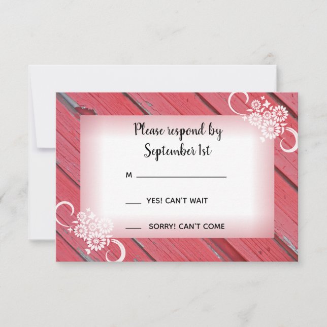 Red Barn Wood and Flowers Country Weding RSVP (Frente)