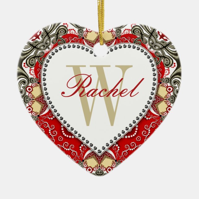 Red Batik Monograma Amor Ornamento Cardíaco (Frente)