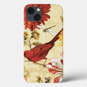 Red Bird in a Flower Garden