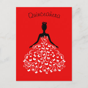 Red Black Butterfly Gown Quinceanera Convite