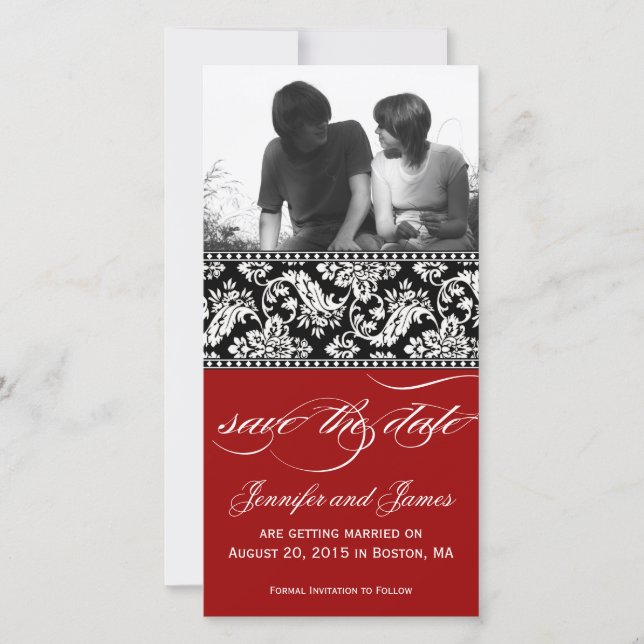 Red Black Damask Save the Date Cartão com fotos (D (Frente)