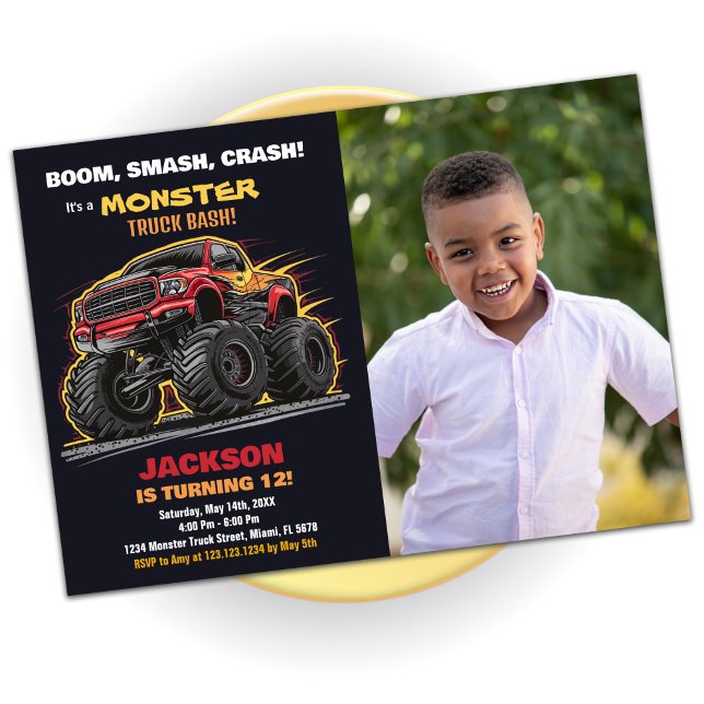 Red Black Monster Truck Convite de Aniversário Fot (Red Black Monster Truck Birthday Invitations Photo)