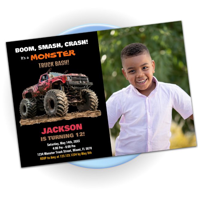 Red Black Monster Truck Convite de Aniversário Fot (Red Black Monster Truck Birthday Invitations Photo)
