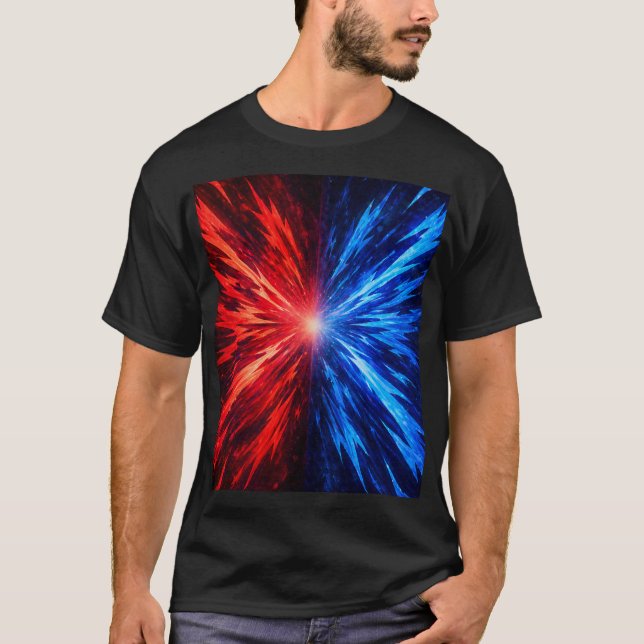 Red Blue Energy Burst T-Shirt – Abstract Explosion (Frente)