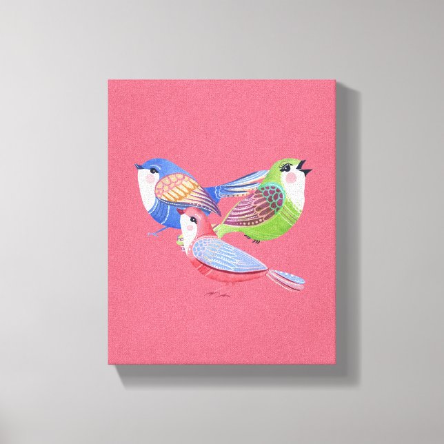 Red Blue Green Birds Folk Art Canvas Impressão (Frente)