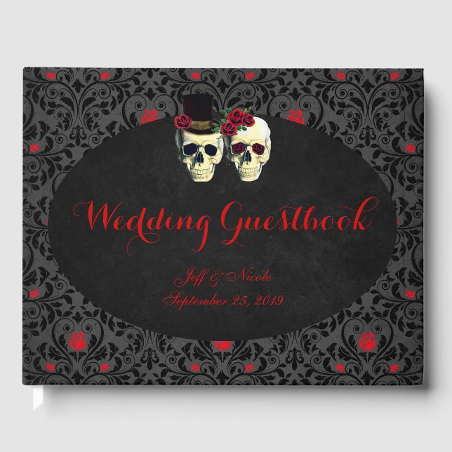 Red Bride Groom Skulls Casando Livro de Convidados (Frente)