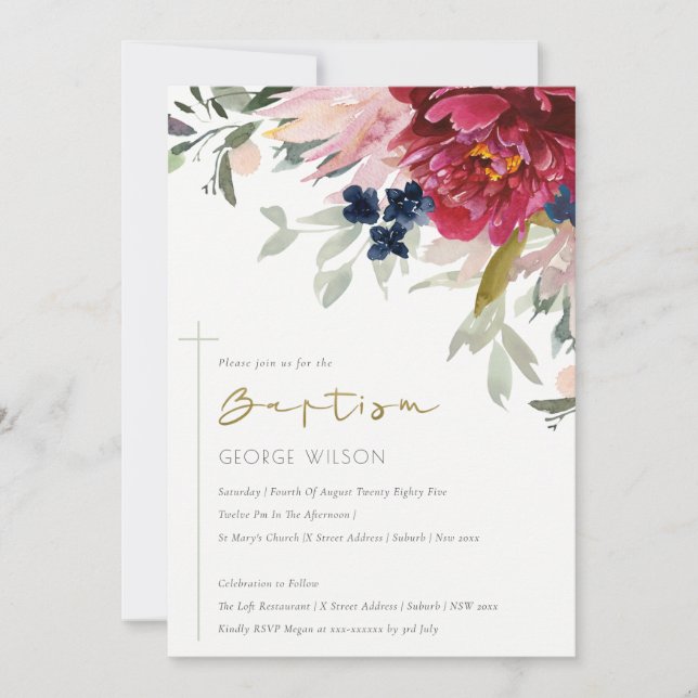 Red Burgundy Blush Blue Floral Baptism Convite (Frente)