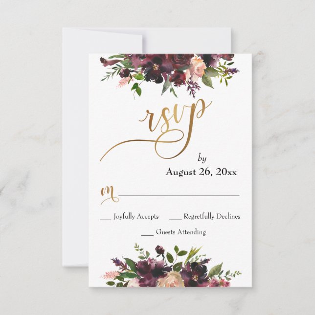 Red Burgundy Blush Dourado Script Floral RSVP (Frente)
