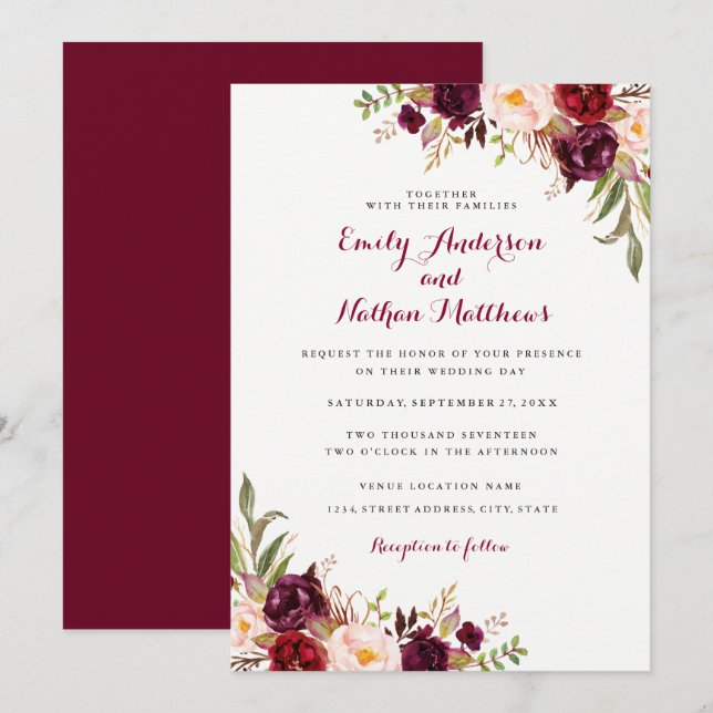 Red Burgundy Casamento outono Floral Convite (Frente/Verso)