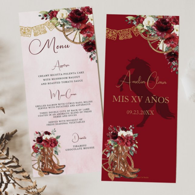 Red Burgundy Floral Charro Quinceañera XV Menu (Criador carregado)
