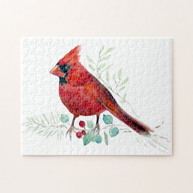 Red Cardinal Bird Watercolor Art Quebra-cabeça (Red Cardinal Bird Watercolor Art Jigsaw Puzzle from Jenn's Emporium. )