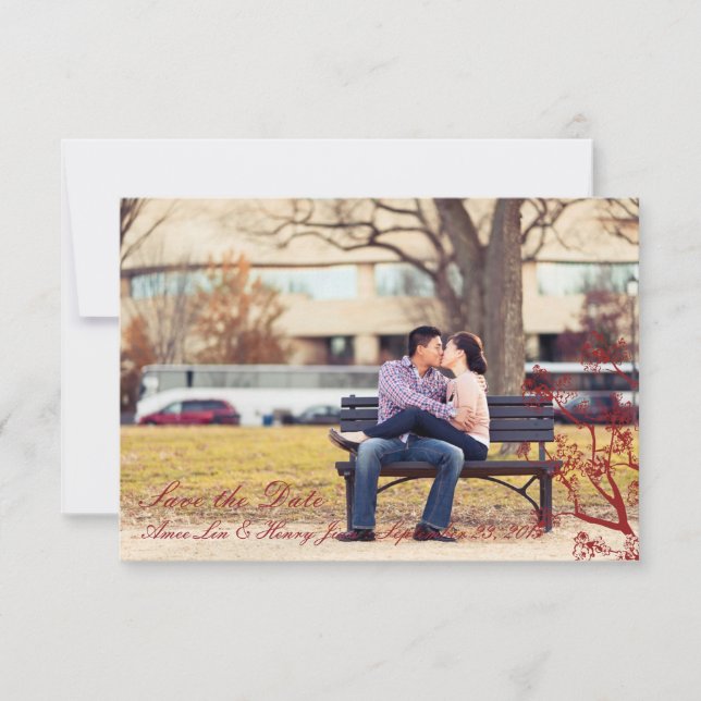 Red Cherry Blossom Casamento Salvar Cartões de Dat (Frente)