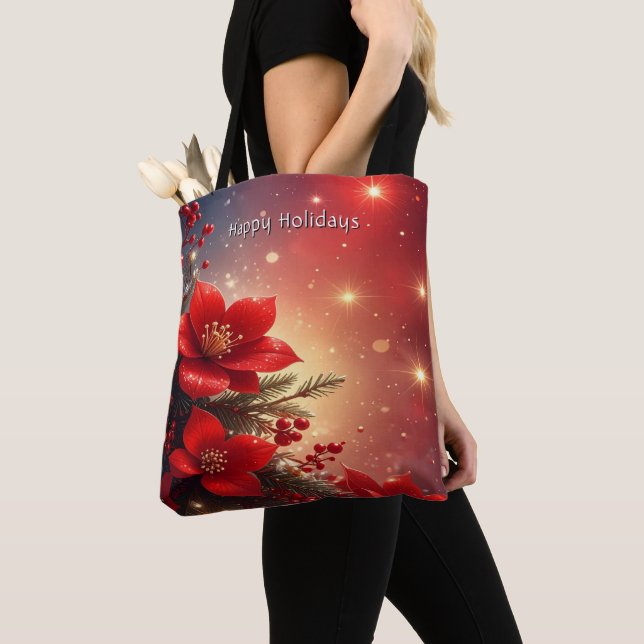 Red Christmas Floral Holiday Tote Bag (Close Up)