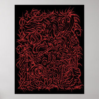 Red Chrome Oriental Tribal Tattoo Poster