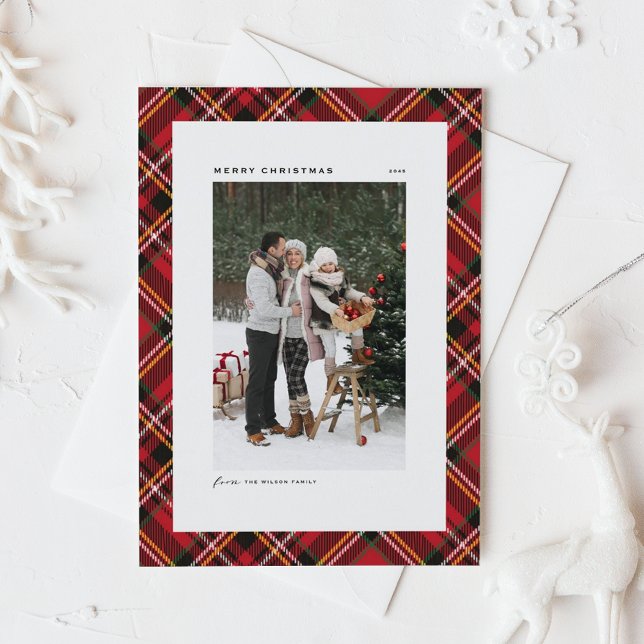 Red Classic Xadrez Patterno Foto Feliz Natal (Classic Red Plaid Pattern Photo Merry Christmas Holiday Card)