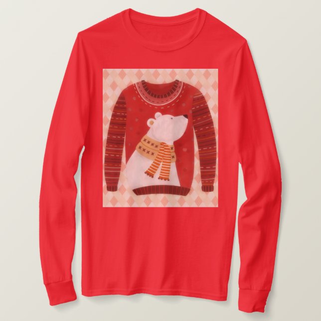 Red Cute Polar Bear Ugly Sweater Art on T-Shirt (Frente do Design)