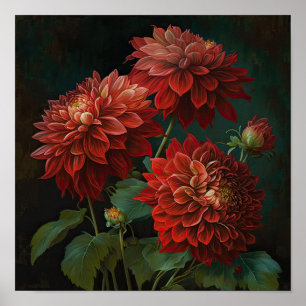 Red Dahlias Flower Art Impressão Poster