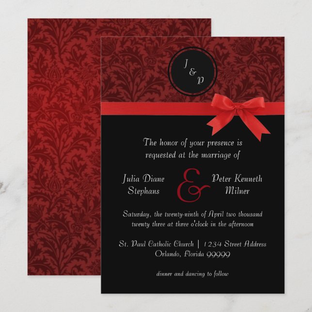Red Damask & Red Arco - Convite para Casamento (Frente/Verso)