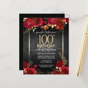 Red e Dourado Floral 100º Convite de Aniversário