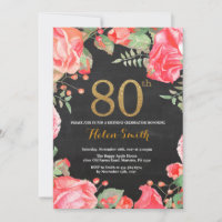 Red Floral 80 Aniversário Convite Dourado Literatu