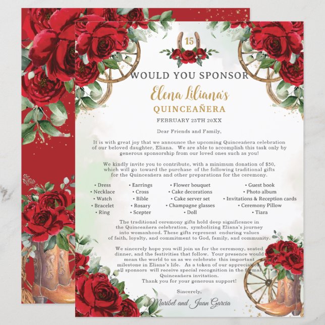 Red Floral Charro Boots Quinceañera Sponsor Letter (Frente/Verso)